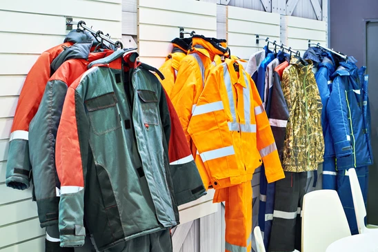 Intérieur d'un magasin spécialisé présentant des vêtements de travail professionnels suspendus sur portants